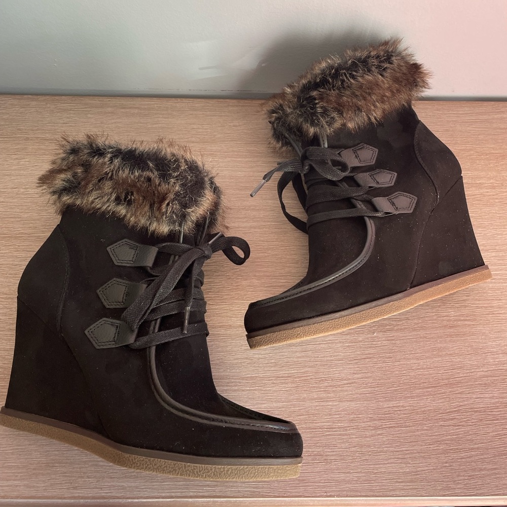Black suede high heel boots with faux fur collar. Great condition! Worn once